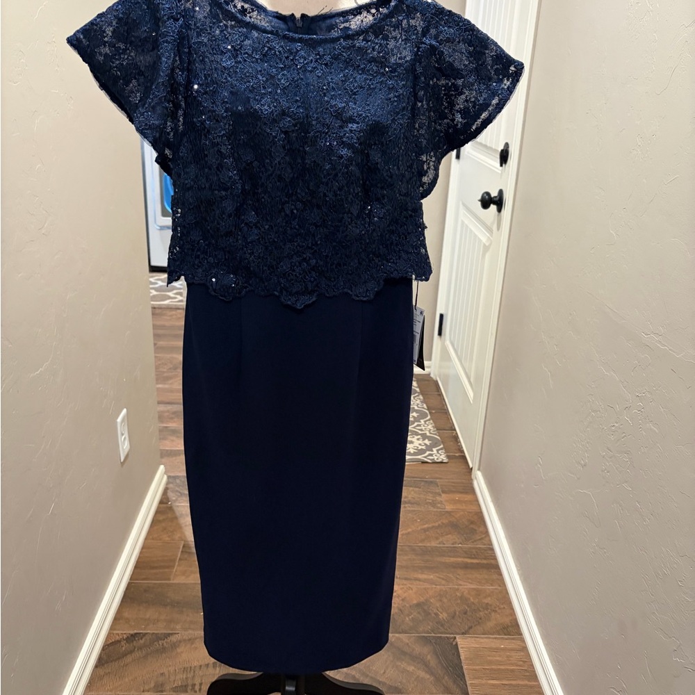 Adrianna Papell Midnight Blue Lace Midi Dress